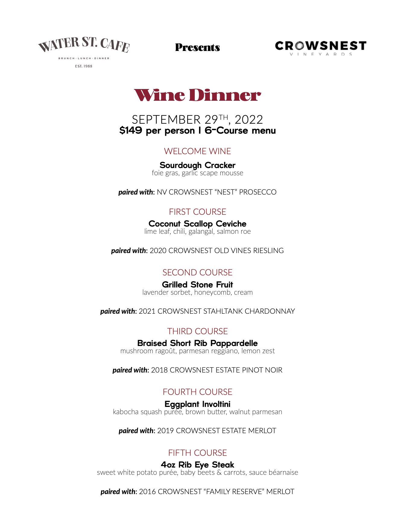 WSC presents the Crowsnest Wine Dinner